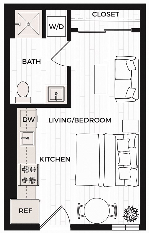 Floor plan for studio, 1 bath, 370 sqft